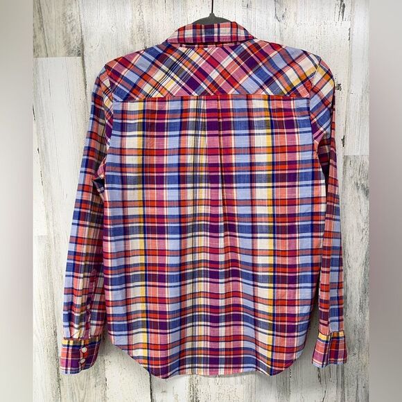 J Crew Factory Popover Red Pink Plaid Long Sleeve Blouse Boy Fit Womens Small - Picture 3 of 7